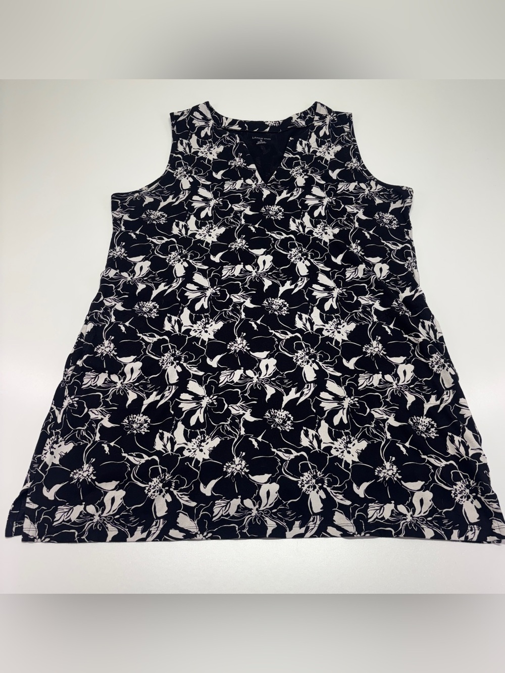 Lands’ End Black White Floral Cotton Sleeveless Dress XL Pockets Casual